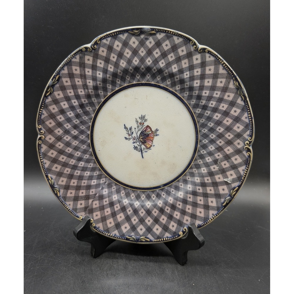 Antique Butterfly Plaid Star Scalloped Ironstone Plate Cobalt Blue Gilt 9.5in